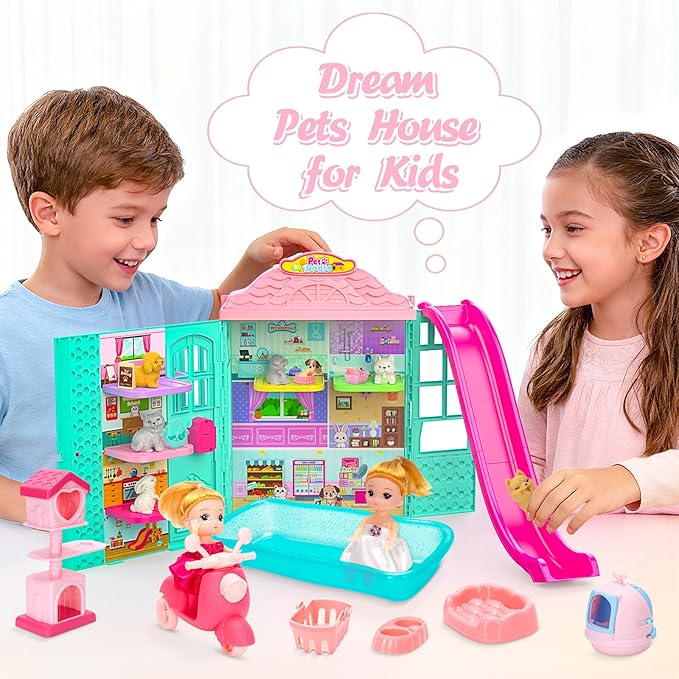 Foldable Pets Dollhouse Toy Play Set, Doll House of Pets with 31+ Accessories Includes Dolls, Motor, Pool, Little Pets, Slide and Sounds, Pretend-Play Toddler Playhouse Ideal Gift for Children aged 3+
