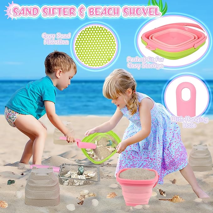 Beach Toys, Sand Toys with Collapsible Beach Bucket, Sand Sifter, Beach Mesh Shovel, Shark Tooth Sifter and Mesh Bag for Shell Collecting, Sand Dipper Beach Scoop for Kids Adults Boys Girls