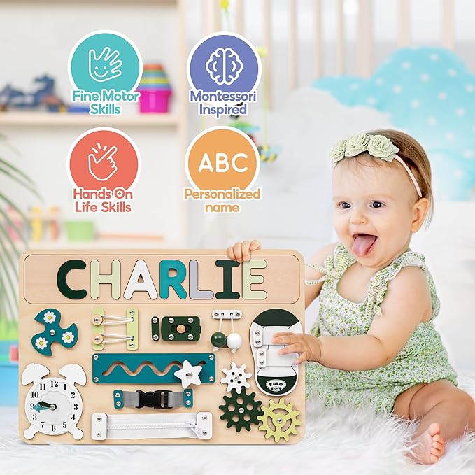 Busy Board Bear for Toddlers Wooden Montessori Toys, Wooden Controller Sensory Toy for Autistic Children & ADHD Sensory Board for Education & Learning Green