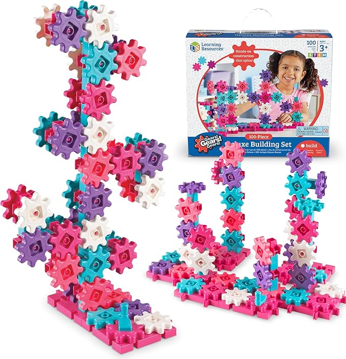Learning Resources Gears! Gears! Gears! Deluxe Building Set Pink - 100 Pieces, Ages 3+, STEM Activities, Fine Motor Skills, Toddler Explorer Kit, Science and Construction, Boys and Girls Gifts