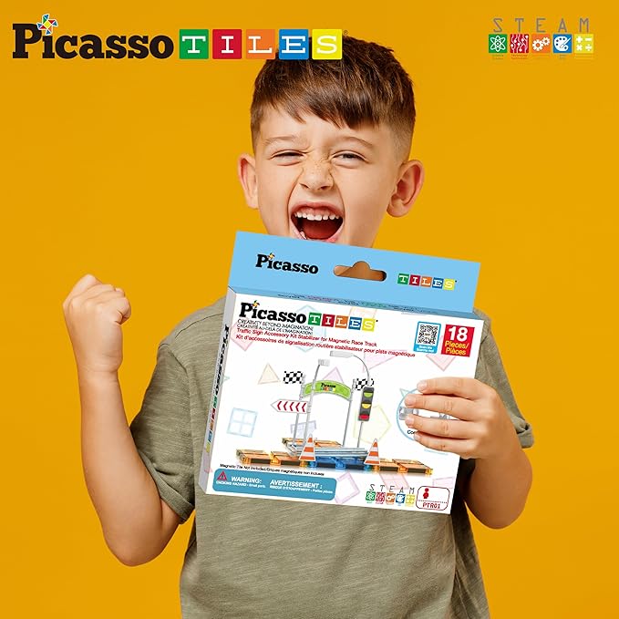 PicassoTiles Magnet Tile Compatible Building Race Track Kit Traffic Sign Accessory Stabilizers with Sticker Set STEM Educational Magnets Toddler Racecourse Structure Blocks Add On Ages 3+ PTR01