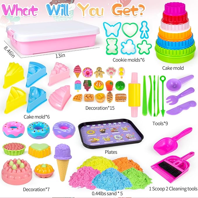 Ice Cream Sensory Bin for Girls Kids,Play Sand Art Kit with 2.2lb Color Magic Sands,56 pcs Cake Molds Tools Sandbox Toy-Fun Pretend Play Desserts Toys Sensory Toys for Girls Toddler 3 4 5 6 7 8