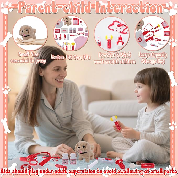 TEUVO Toy Doctor Kit for Girls - Pretend Play Doctor Sets with Dog Toy, Carrying Bag, Stethoscope Toy & Dress Up Costume - Doctor Play Gifts for Kids Toddlers Ages 1 2 3 4 5 6 7 Year Old for Role Play