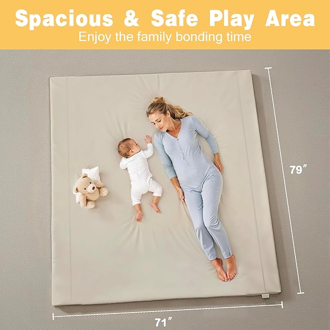 Padded 79" ×71" Large Baby Play Mat for Floor, 1.2" Thick Memory Foam Playmat with Soft Vegan Leather Cover, Cushioned Play Mat for 71" x59" Playpens, Grey