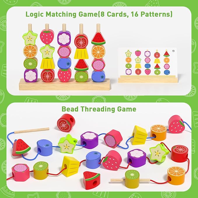 Montessori Toys for 3 4 5 Year Old, Wooden Fruit Toddler Stacking Toys, Stacking Blocks & Lacing Beads & Shape Sorter Toy for Toddler, STEM Preschool Learning Toys for Kids Boys Girls