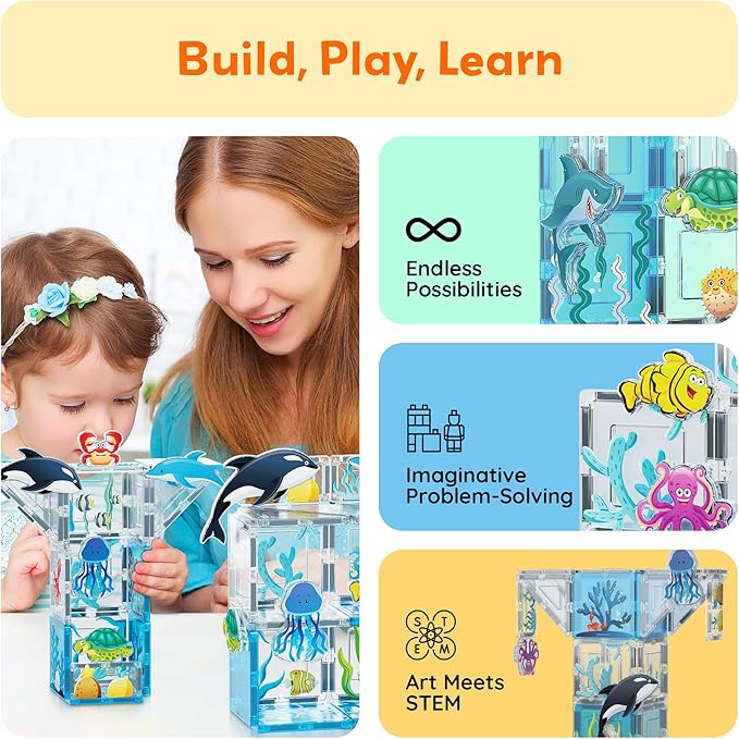 PicassoTiles Magnet Tiles Magnetic Building Blocks Aquarium Marine Animal Theme Set with 8 Character Action Figures Shark Crab Turtle STEM Toys Construction Preschool Toddlers Kids Boys Girls 3+ PTQ15