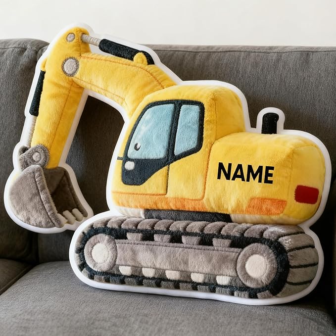 Custom Excavator Shaped Pillow Cute Personalized Name Plush Doll, Double-Sided Construction Engineering Vehicle Pillow for Kids, Birthday gifts for Boys and Girls Sofa Decorative Pillows 8-32in