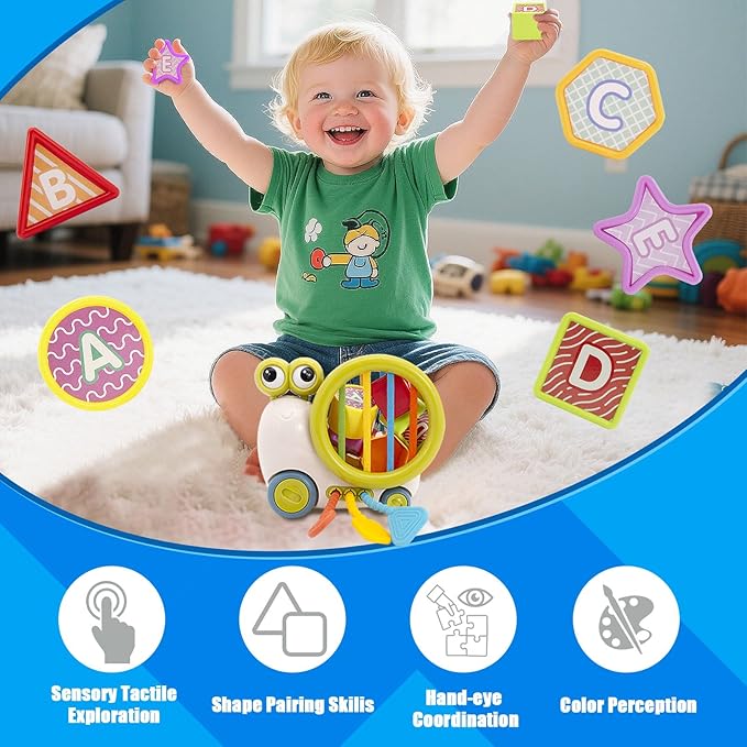 Activity Cube Baby Toys, 5 in 1 Montessori Sensory Toy for 1-3, Infant Toy with Shape Sorter & Silicone Pull String, Snail Push-to-go Car Seat Airplane Travel Toy Gift for Boy Girl