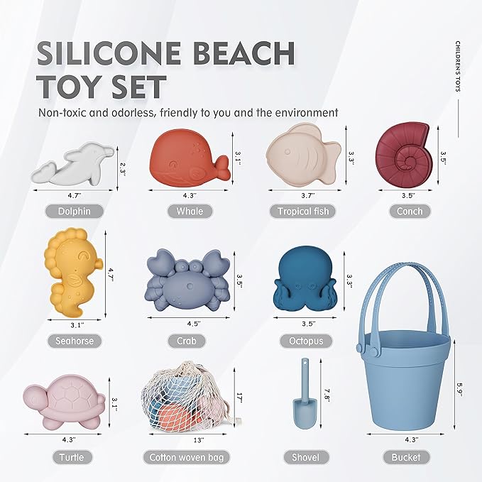 MarcZero 11Pcs Silicone Beach Toys,Modern Baby Beach Toys,Travel Friendly Beach Set,Silicone Bucket, Shovel, 8 Sand Molds, Beach Bag,Silicone Sand Toys for Toddlers, Kids (Blue)