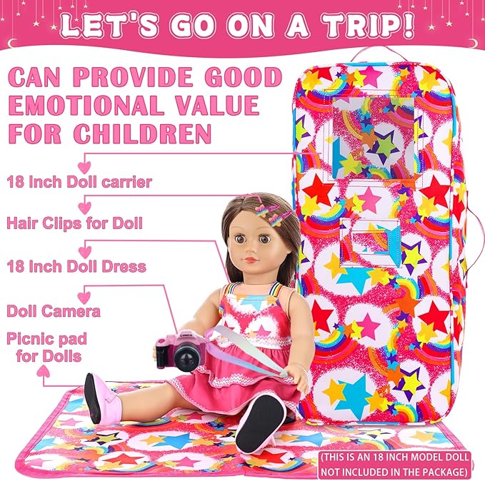 K.T. Fancy 6 Pcs 18 Inch Doll Carrier Bag Set and Accessories Including Girl Doll Clothes, Hair Clip, Picnic Blanket, Mini Toy Camera