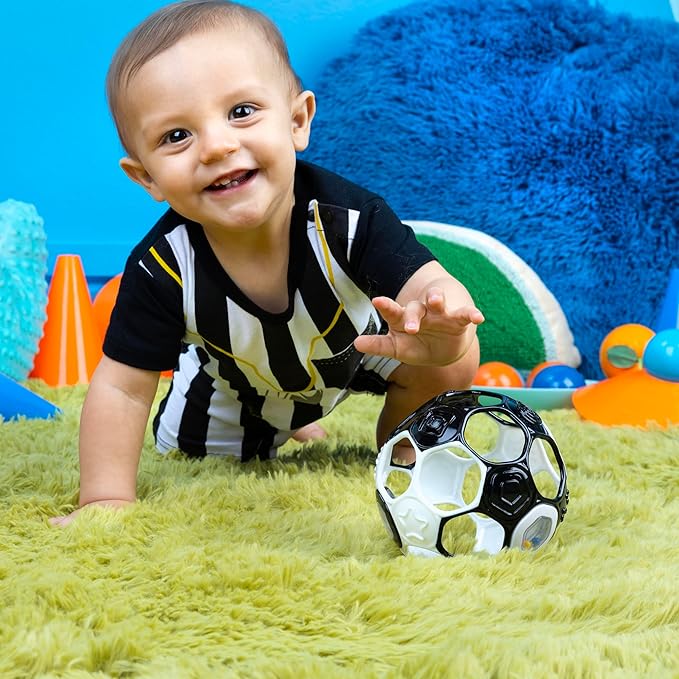 Bright Starts Oball Grippin' Goals Rattle Soccer Ball - Black & White, Easy-Grasp Toy for Newborn and Up