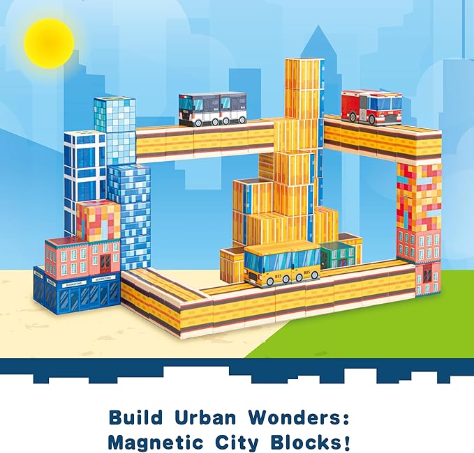 Magnetic Blocks - 140PCS 1'' Big Magnetic Building Blocks for Kids, Magnetic Tiles Kids Build Cubes STEM Toys, Build Urban Wonders-Magnetic City Blocks, Gifts Toy for Kids, Toddlers Boys Girls Ages 3+