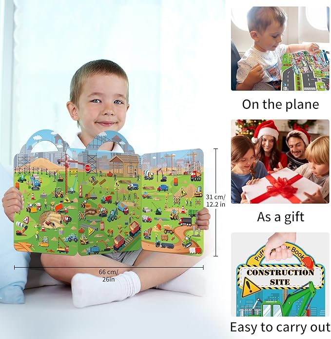 2 Pack Puffy Sticker Books for Kids Ages 3-5, Construction Truck and Vehicle Car Stickers for Toddlers Boys, 3D Reusable Stickers Books for Toddlers, Activity Book for Boys Party