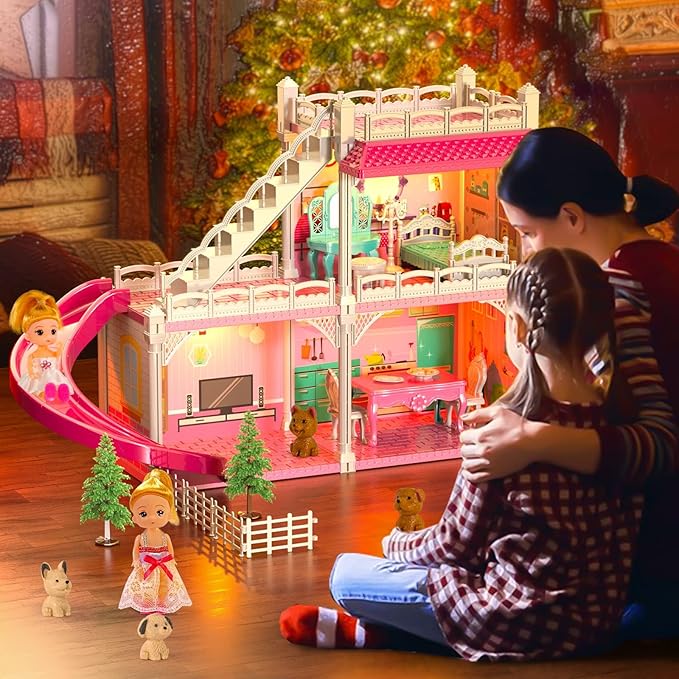 Dollhouses, Dreamhome Furniture Pink Girl Toys, 2 Stories 3 Rooms Dollshouse with 2 Princesses Slide Accessories, Toddler Playhouse Gift for for 3 4 5 6 7 8 9 10 Year Old Girls Toys