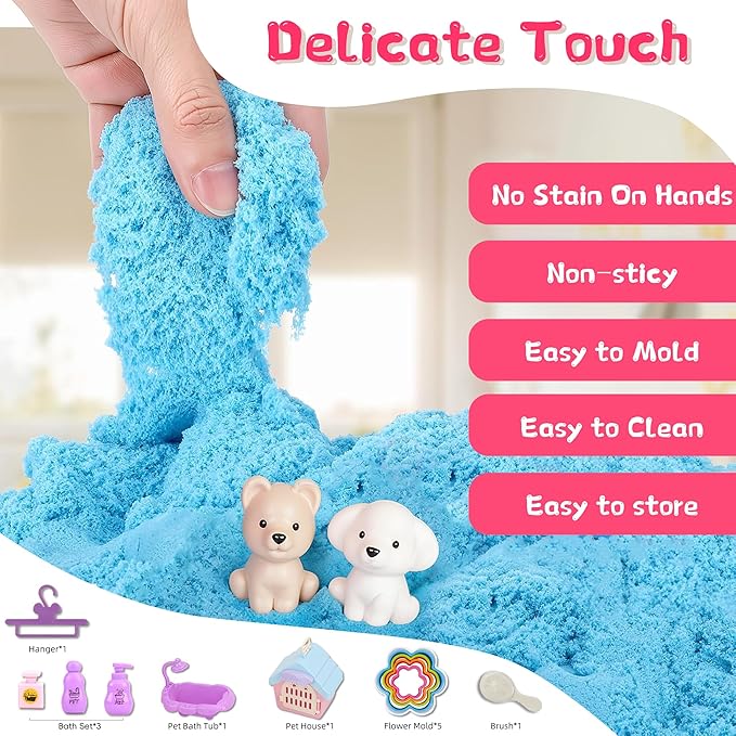 Timetome Pet Sensory Bin, Dog Sandbox for Kids, Kids Play Sand Toys Kit, Pet Play Set with Sensory Sand, Pet Bathroom Play Set, Role Pretend Play Beach Toy Birthday Gift for Girls Boys 3 4 5 6 Years