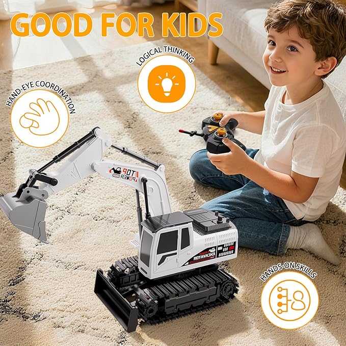 Remote Control Excavator for Boys 4-7, RC Excavator for Kids, 27 MHz Construction Trucks Vehicles Toys for Toddlers 1-3 3-5 4-7 with Metal Shovel and Light Birthday Boys Gifts