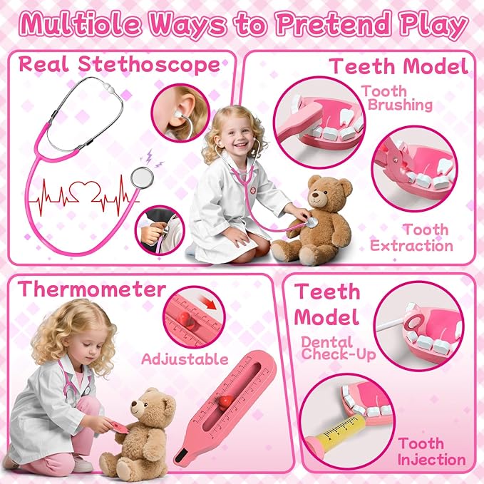 Doctor Kit for Kids Girls, Wooden Kids Dentist Play Set, Doctor Play Set Pretend Play Toys for Toddlers 3-5 , Realistic Wooden Medical Kit Role Play Set, Gifts for Boys Girls 3+ Years