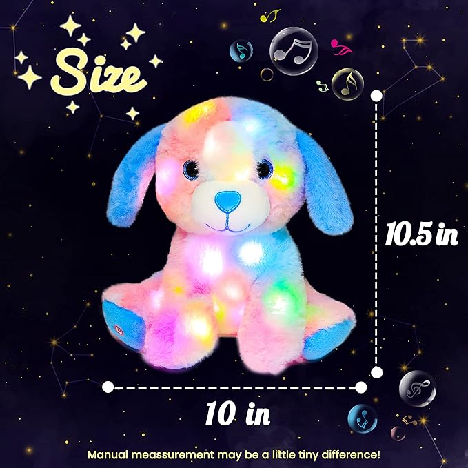 Hopearl LED Musical Stuffed Puppy Lighting Up Singing Plush Toy Adjustable Volume Lullaby Animated Soothe Birthday Festival for Kids Toddler Girls, Rainbow, 10.5''