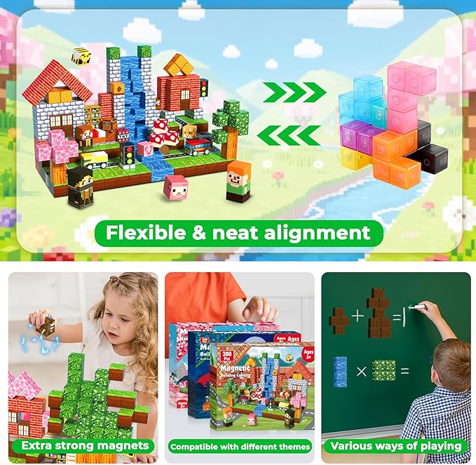 Magnetic Blocks - 300PCS Magnetic Building Blocks Road Forest Magnetic Cubes - Sensory Toys for Montessori Toddler Birthday Gifts -STEM Construction Toys for Kids Ages 3+ for Boy & Girl