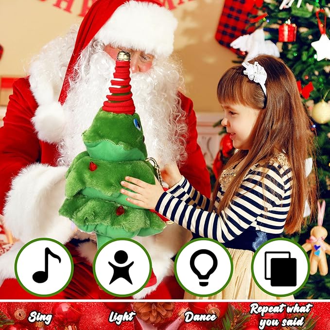 Singing Dancing Christmas Tree Santa Claus with Music Animated Christmas Toys Interactive Toy Figures with 8 Songs and Lights Repeat What You Say, Xmas Gift