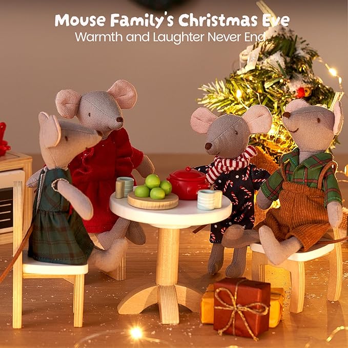 Giant bean® Mouse Toys for Kids, Christmas Mouse, 4 PCS Hand Made Mouse Family Dolls with Removable Clothes, Suitable for Infants, Boys and Girls, Dollhouse People