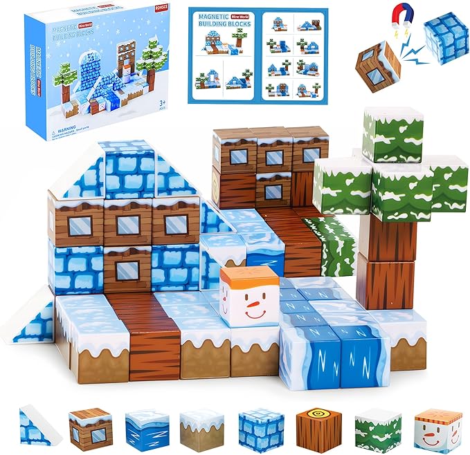 Magnetic Blocks 52PCS - Winter Scene Construction Cubes, STEM Preschool kit, Safe ABS no-Odor, CPC ASTM Certified, Travel-Ready for Ages 3–12, Perfect for Birthday