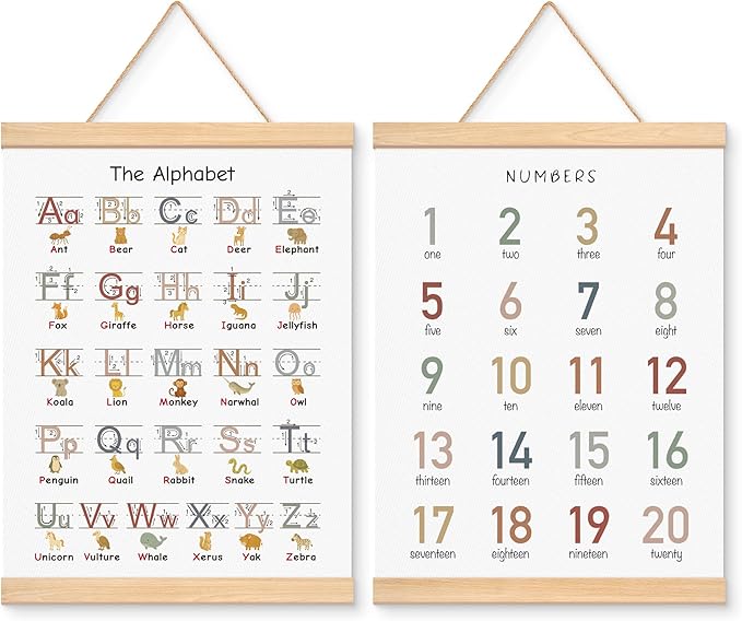 EliteSign Educational Preschool Learning Posters, Animal Alphabet Numbers Poster for Toddlers, ABC Banner Wall Hanging Decor for Classroom Playroom Nursery Kids Room, 12x17 Inch Set of 2