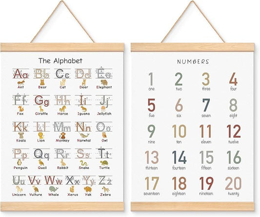 EliteSign Educational Preschool Learning Posters, Animal Alphabet Numbers Poster for Toddlers, ABC Banner Wall Hanging Decor for Classroom Playroom Nursery Kids Room, 12x17 Inch Set of 2