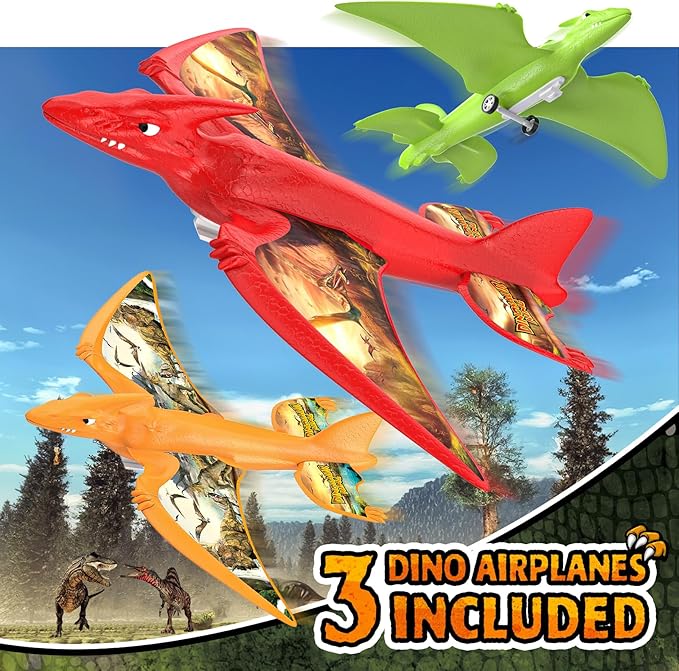 Aiencsai 3 Pack Dinosaur Airplane Launcher Toys for Kids, Foam Airplanes for Kids Boys Toys with Stickers, Outdoor Flying Toys Birthday Gifts for 4 5 6 7 8 9 10 12 Year Old Boys Girls.