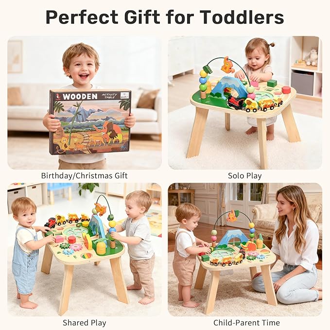 wingyz Activity Table for 1 Year Old Toddler, 9-in-1 Multi-Colorful Wooden Montessori Toys, Baby Play Table with Bead Maze Shape Sorter Train Toy, Educational Gifts for Kids Boys Girls