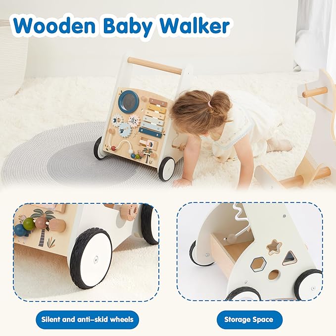 Freniland Wooden Baby Walker，Baby Walker with Wheels for Toddlers 18M+，Montessori Toys with Bead Maze, Xylophone and Storage for Boy and Girl