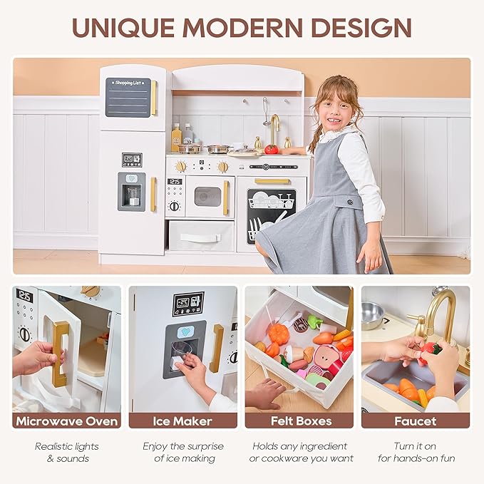 Play Kitchen Set for Kids, Wooden Kids Kitchen Playset with Real Lights & Sounds, Interactive Toy Kitchen with Felt Boxes for Storing Kitchen Utensils and Ice Maker Toy Accessories (Soft White)