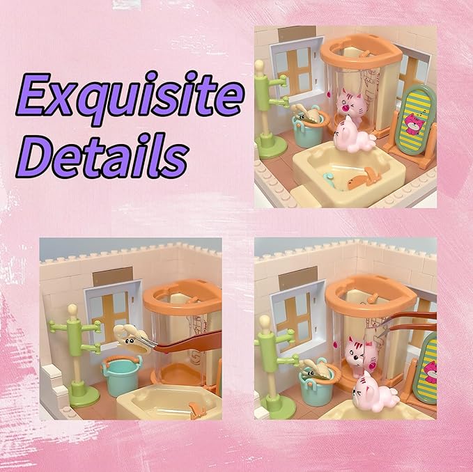 Koko's Cat Town DIY Miniature House Kit,Tiny House Bathroom Building Kit,Purrfect Dollhouse with 254PCS,Cat Toys Gift for Teens Kids Ages 3+,Dollhouse for 3 and up