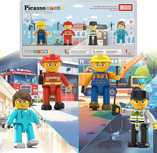 PicassoTiles Magnetic Tiles Action Figures 4 Piece City Characters for Magnet Tile Building Blocks Accessory Add On Pack Construction Block Set Toddler Toy Educational Learning Kit Age 3 and up PTA18