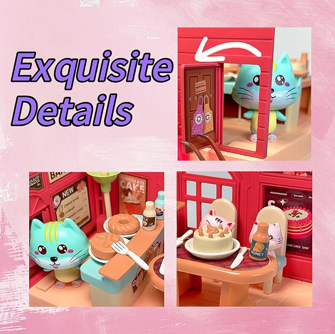 Koko's Cat Town DIY Miniature House Kit,Tiny House Cake Shop Building Kit,Dollhouse for 3 and up, Dollhouse Building Kit with Cats,Cat Toys Gift for Teens Kids Ages 3+