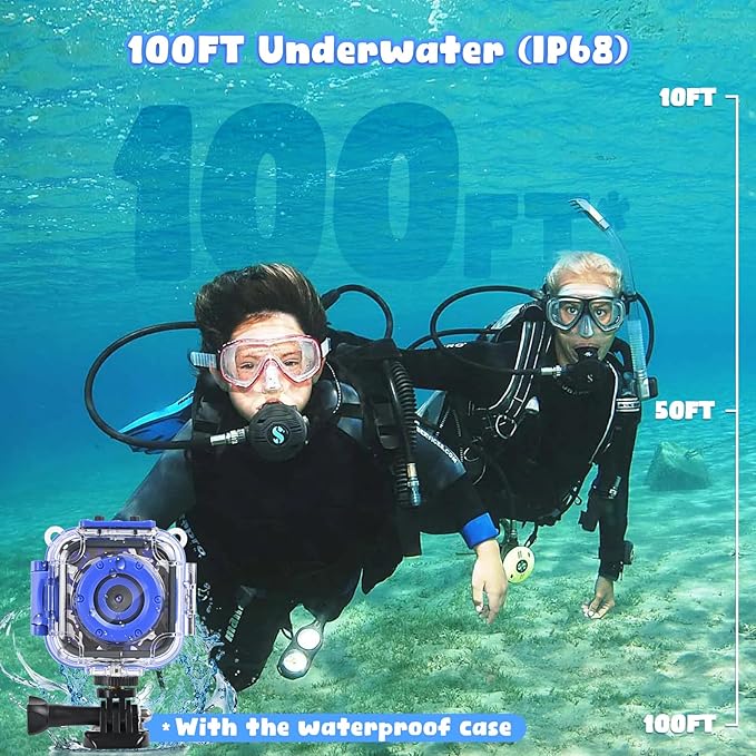 PROGRACE Kids Waterproof Camera - Birthday for 3-12 Year Old Boys 1080P HD Underwater Video Camera for Kids Pool Toys Toddler Digital Cameras with 32GB SD Card Blue