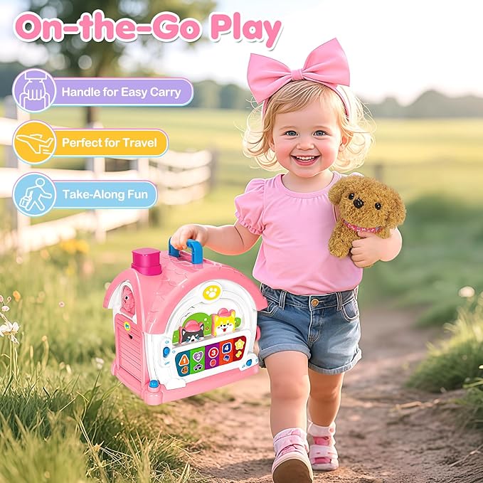 Montessori Toys for 1 2 3 Year Old Girl Gifts, Baby Musical Toys 12 18+ Months, 10 in 1 Bilingual Learning Toy with Sound Light, Cute Toy with Plush Puppy, First Birthday for Toddlers