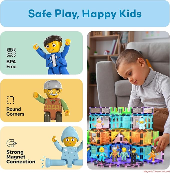 PicassoTiles 8 Piece Magnetic Action Figures Family Character Set Compatible with Magnet Tile Building Blocks STEM Educational Toy for Kids Pretend Play Construction Expansion Pack Creative Play PTA11