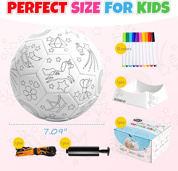 EVERICH Paint Your Own Soccer Ball with Markers, Toddler Arts and Crafts Kits Soccer Gifts for Girls Boys, Size 3 Unicorn Toys Coloring Custom Soccer Ball Game Birthday Gifts for Kids 3 4 5 6-8 8-12