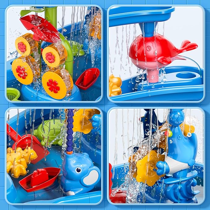 3-Tier Water Table with Pump for Toddlers Kids Ages 3-5 4-8, Outdoor Water and Sand Table Beach Toys, Toddler Activity Sensory Water Sand Table with Rain Showers Splash Pond for Kids Boys Girls