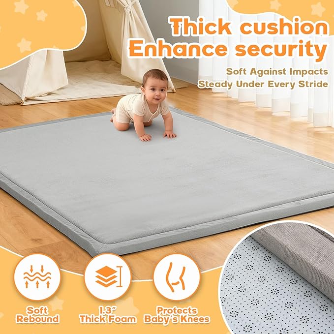 Baby Play Mat for Floor, 50'' x 50'' Thicken Foam Soft Padded Playmat for Tummy Time, Playpen Mat for Toddlers, Water-Repellent Coral Velvet, Non-slip Bottom Safe for Crawling (Light Grey)