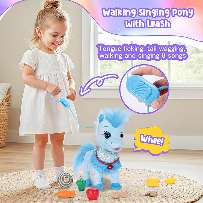 Blue Interactive Walking Singing Pony, Toy Horse Talking Dancing Pony with Leash, Electric Plush Pony Horse Pet Toy for Toddler, Nod Lick Wag Repeat What You Say 3+ Girl Boy Kid
