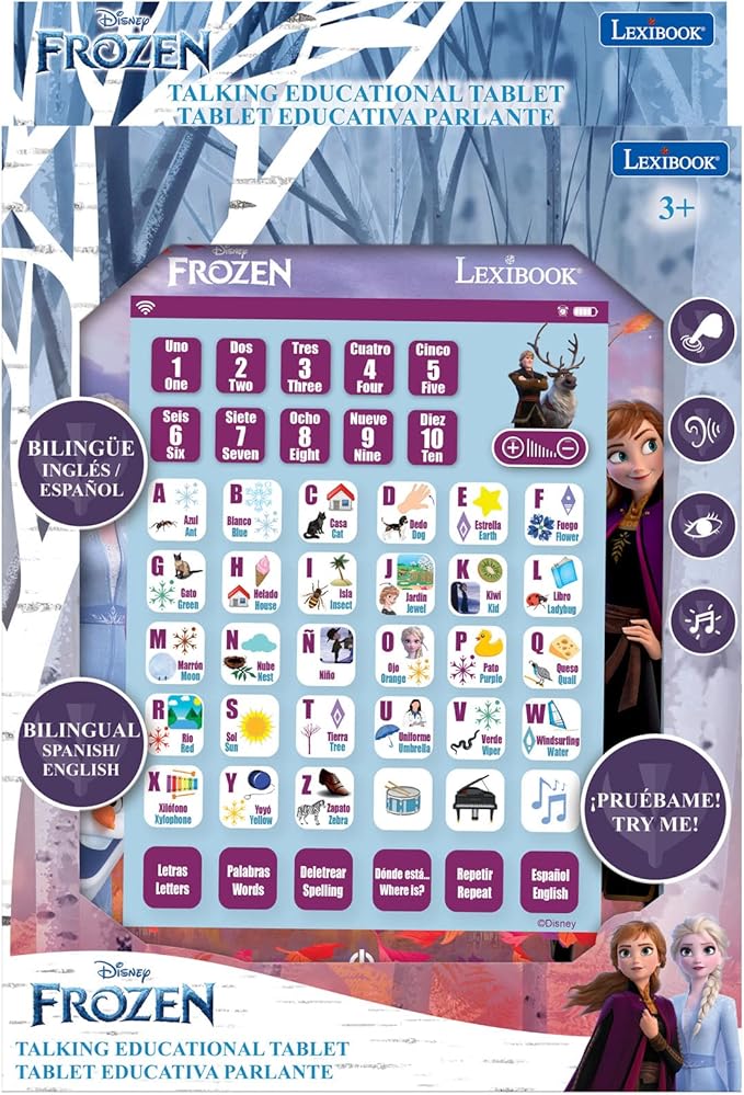 LEXiBOOK Disney Frozen, Educational Bilingual Learning Tablet, Learn Letters Numbers Words Spelling and Music, English/Spanish Languages, Blue, JCPAD002FZi2