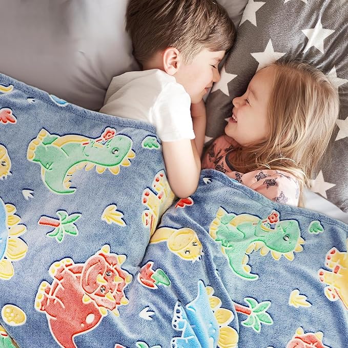 Cute Kids Blanket Glow in The Dark Dinosaur for Boys Flannel Glowing Bed Sofa Couch Soft Warm Blankets Christmas Birthday Gifts Teen 80"x60"