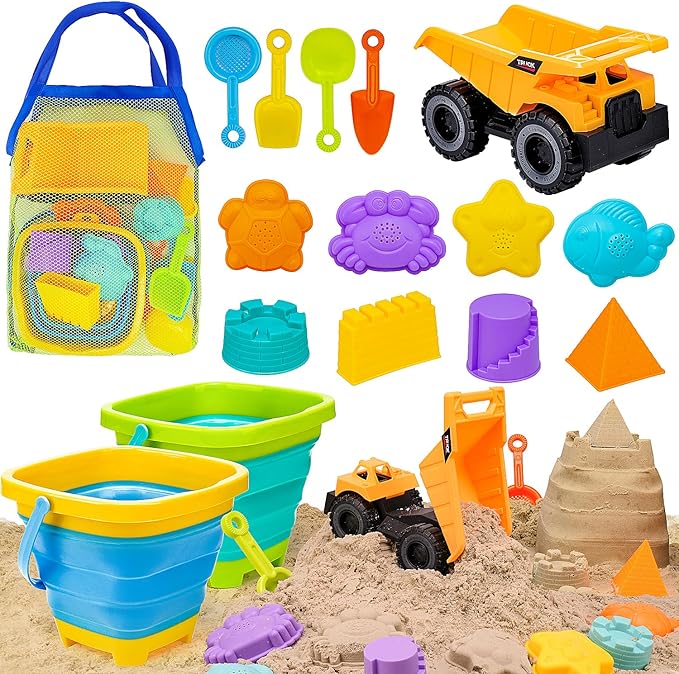 Beach Sand Toys for Toddler 1-3 with Trucks, 2 Collapsible Beach Toys for Kids Ages 4-8, Sandbox Toys for Toddler, Collapsible Beach Sand Buckets with Castle Sand Molds Shovels