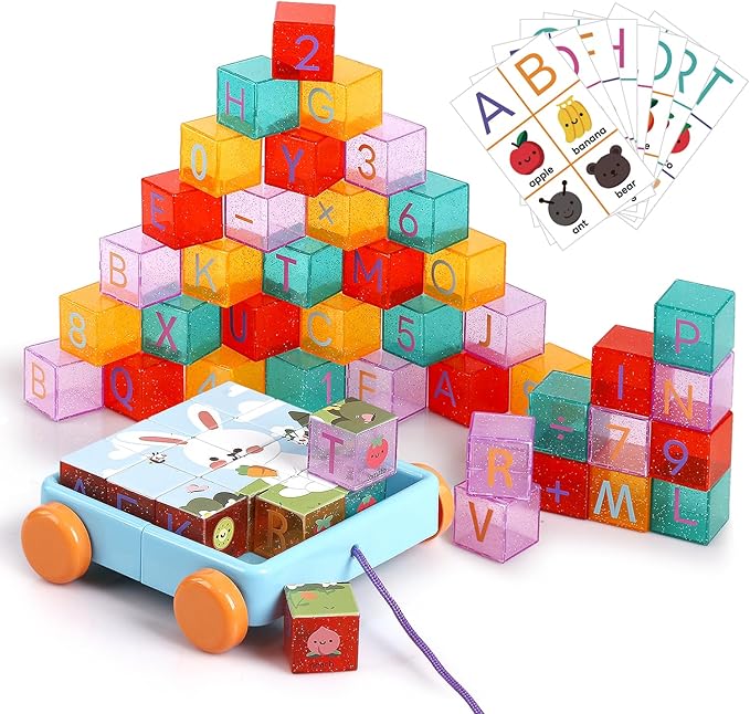 56PCS Building Blocks, Alphabet & Number Stacking Blocks for Toddlers with Storage Pull Toy Car & ABC Cards, Preschool Early Learning & Educational Toys, Baby Kids Birthday STEM Toys 3 4 5 6