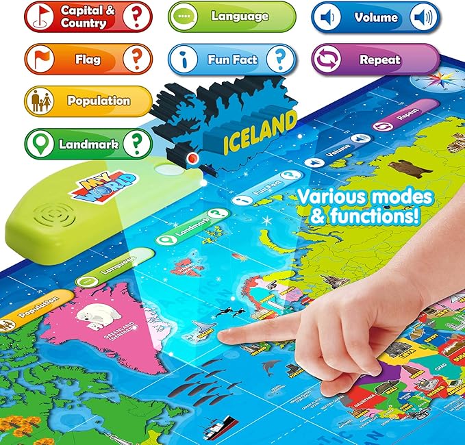 BEST LEARNING i-Poster My World – Interactive Talking World Map for Kids Ages 5-12 to Learn Countries, Flags, and Fun Facts About Our Planet