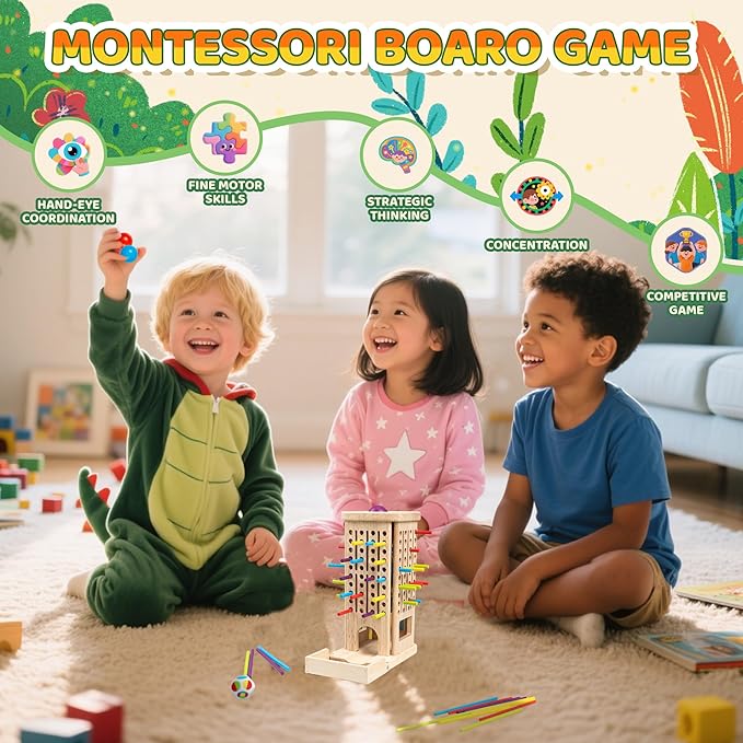 Montessori Wooden Board Games for Kids 3-8 Years,3 in 1 of Playing,Math Counting, Fine Motor Skills Toy,Family Travel Game，Educational Gift for Boys and Girls