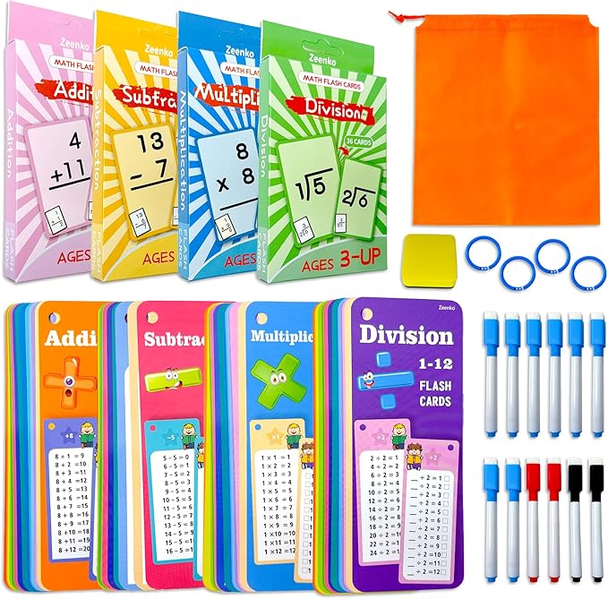 Math Flash Cards Set of 4-204pcs Reusable Math Practice Cards with Addition, Subtraction, Multiplication, Division, Flash Cards,Games for Kids Ages 6+ |Spark Skills & Fun Learning