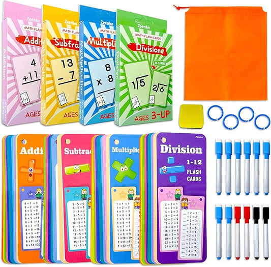Math Flash Cards Set of 4-204pcs Reusable Math Practice Cards with Addition, Subtraction, Multiplication, Division, Flash Cards,Games for Kids Ages 6+ |Spark Skills & Fun Learning
